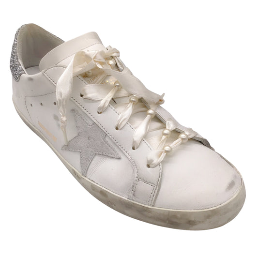 Golden Goose Deluxe Brand White / Silver Metallic Glitter Superstar Faux Pearl Embellished Distressed Leather Low-Top Sneakers