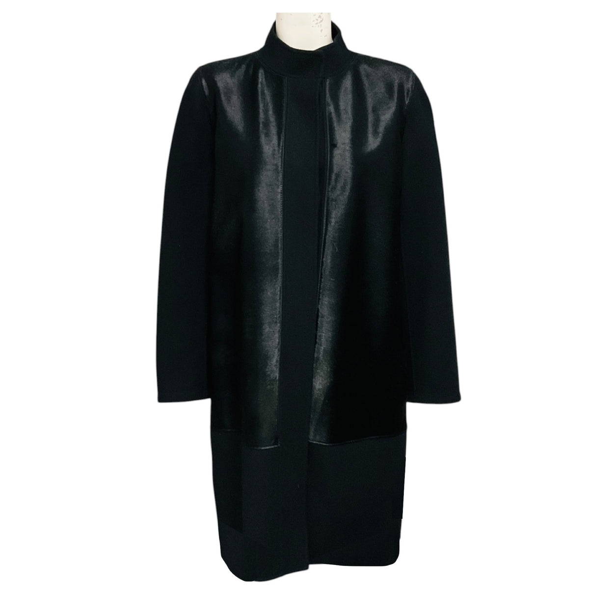 Vince Black Wool Coat with Calf Hair Trim