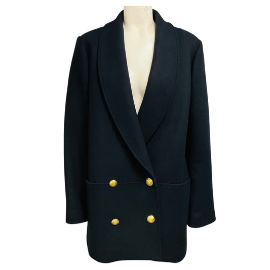 Sezane Navy Blue James Double Breasted Wool Coat with Gold Buttons