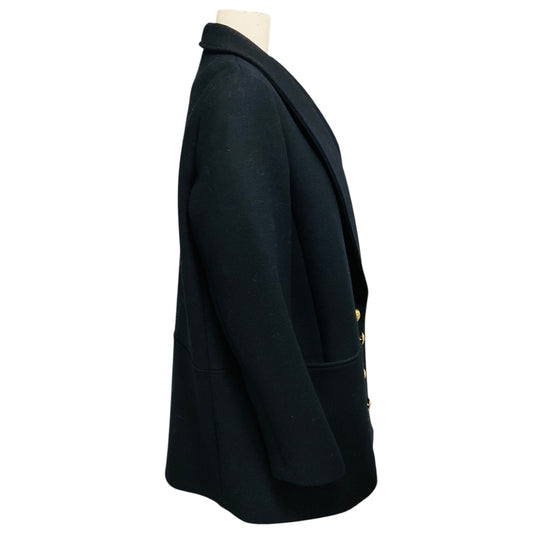 Sezane Navy Blue James Double Breasted Wool Coat with Gold Buttons