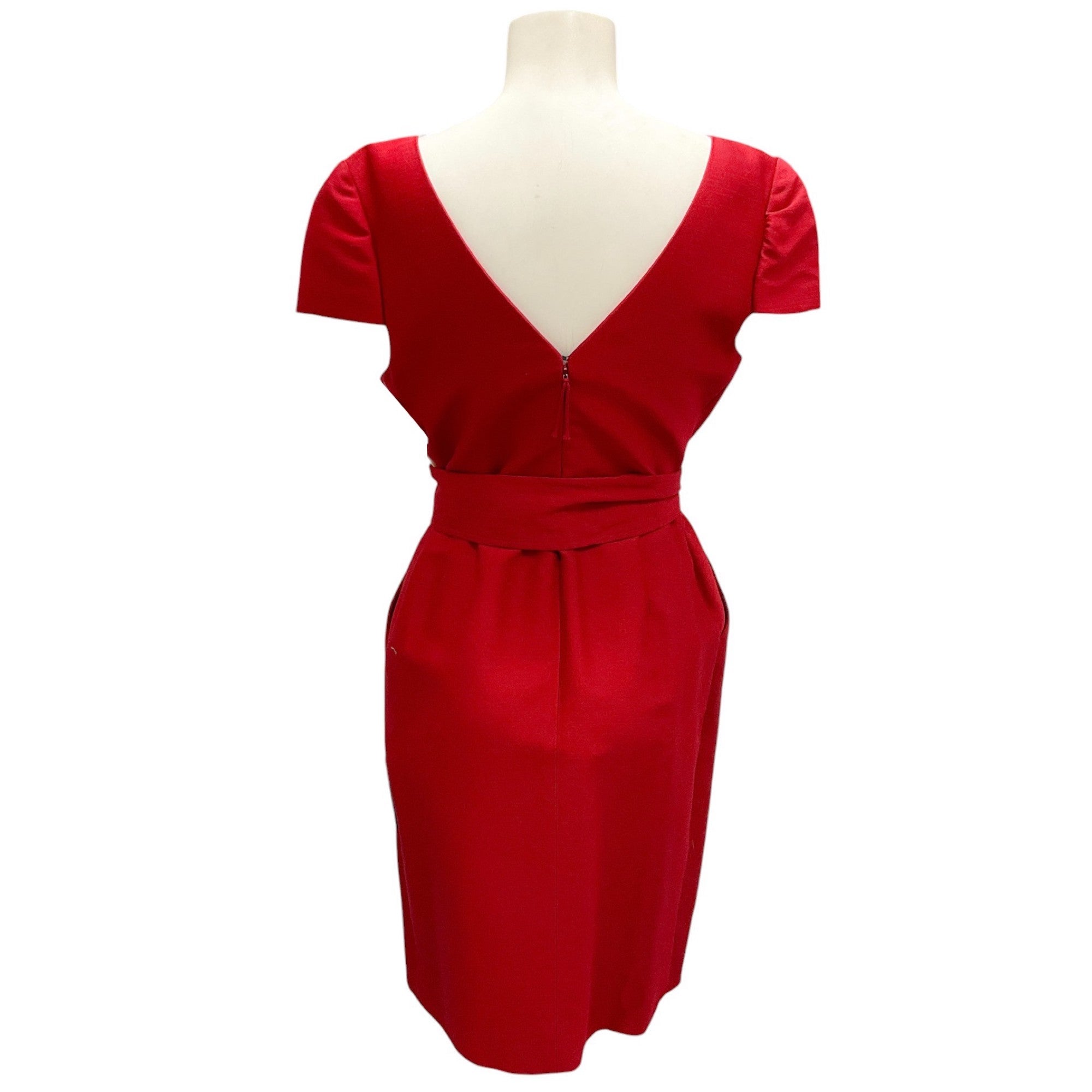 J. Mendel Red Cap Sleeved Belted Wool Cocktail Dress