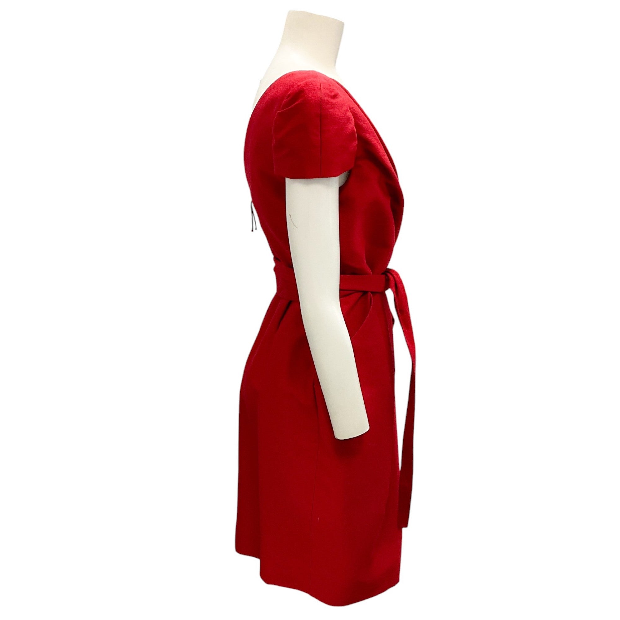 J. Mendel Red Cap Sleeved Belted Wool Cocktail Dress