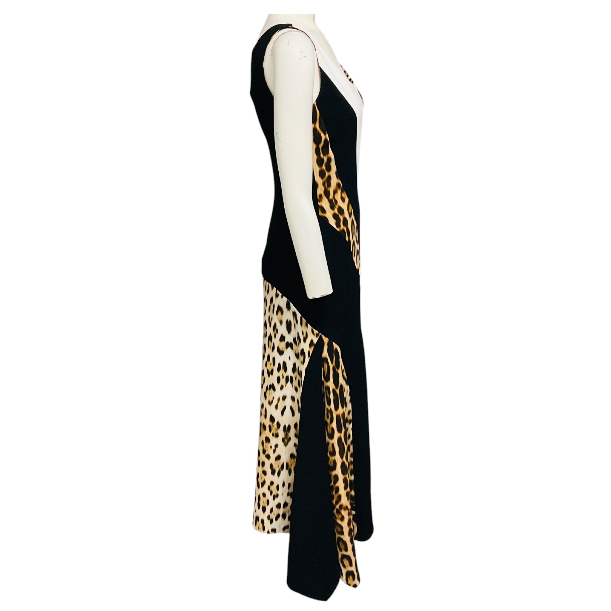 Roberto Cavalli Tan / White / Black Multi Leopard Print Stretch Crepe Asymmetric Maxi Dress