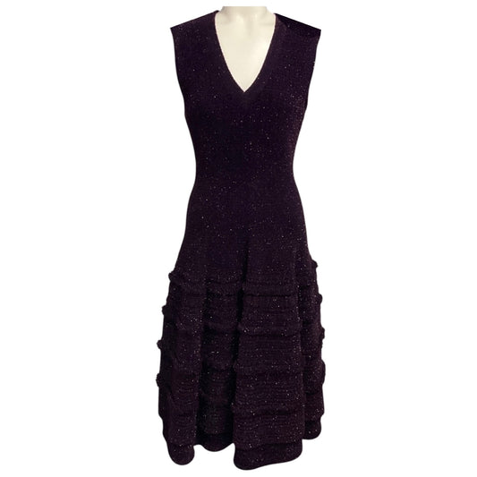 Alaia Purple Sleeveless V-Neck Shimmer Knit Flared Midi Dress