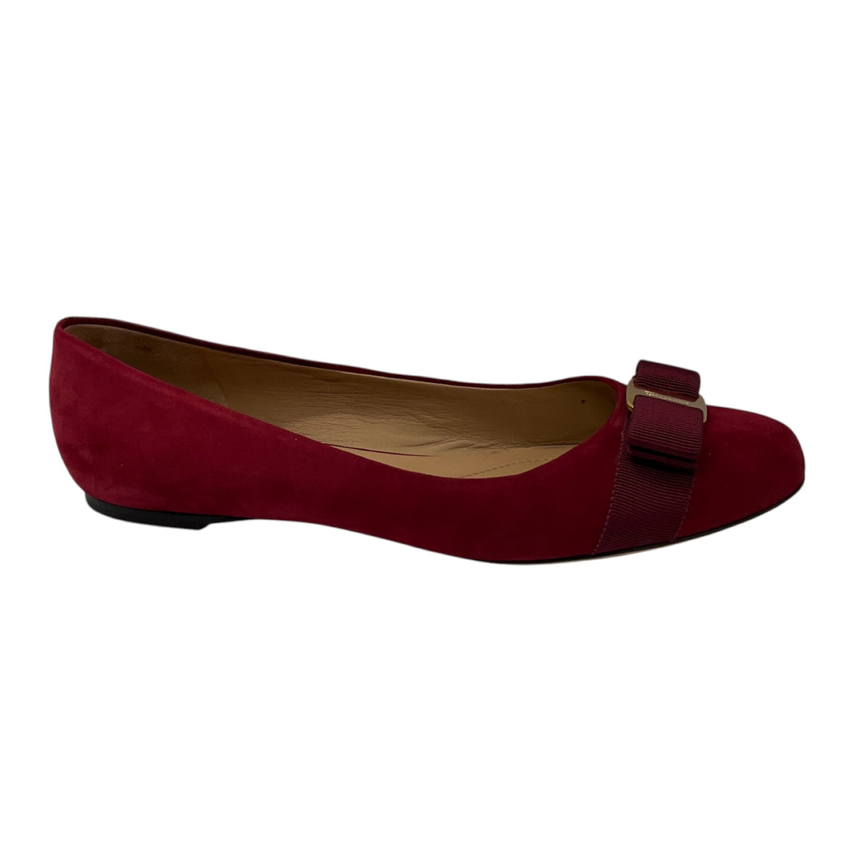 Salvatore Ferragamo Red Suede Flats with Grograin Bow and Gold Hardware