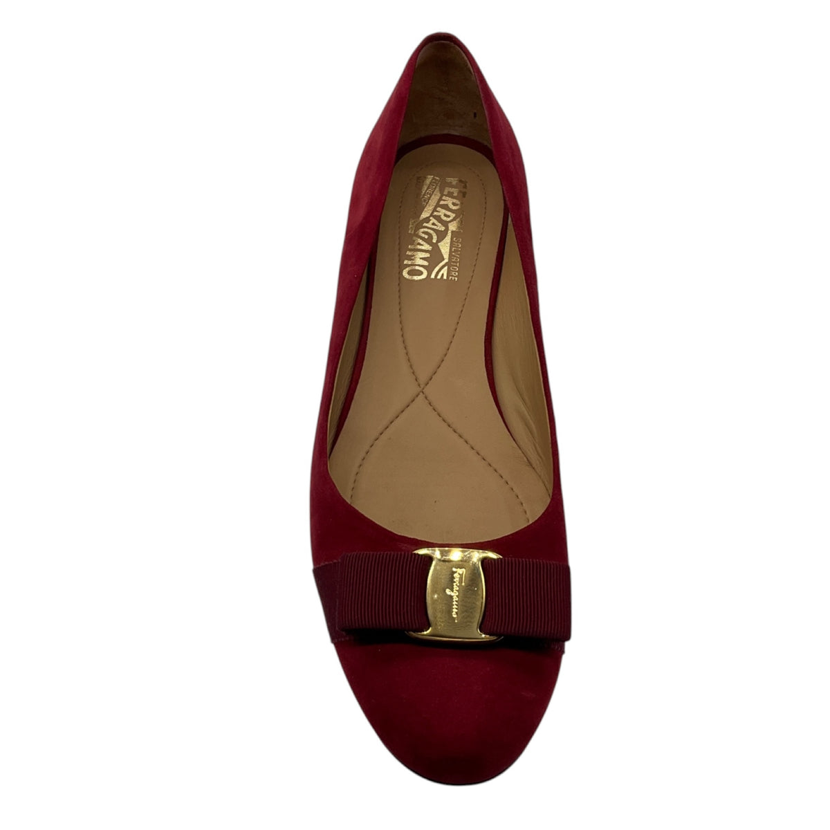 Salvatore Ferragamo Red Suede Flats with Grograin Bow and Gold Hardware