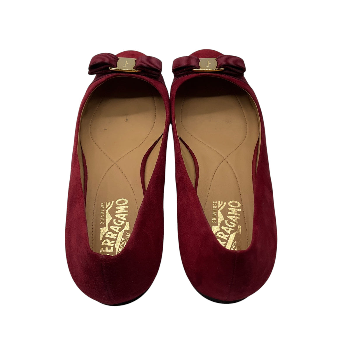Salvatore Ferragamo Red Suede Flats with Grograin Bow and Gold Hardware