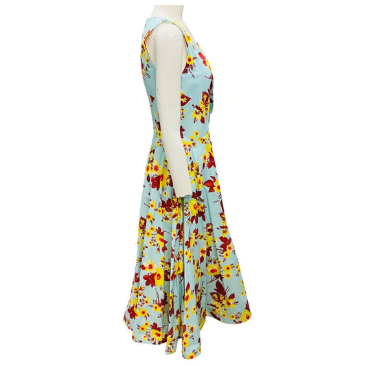 Sara Roka Light Blue Multi Teagan Floral Sleeveless Cotton Midi Dress