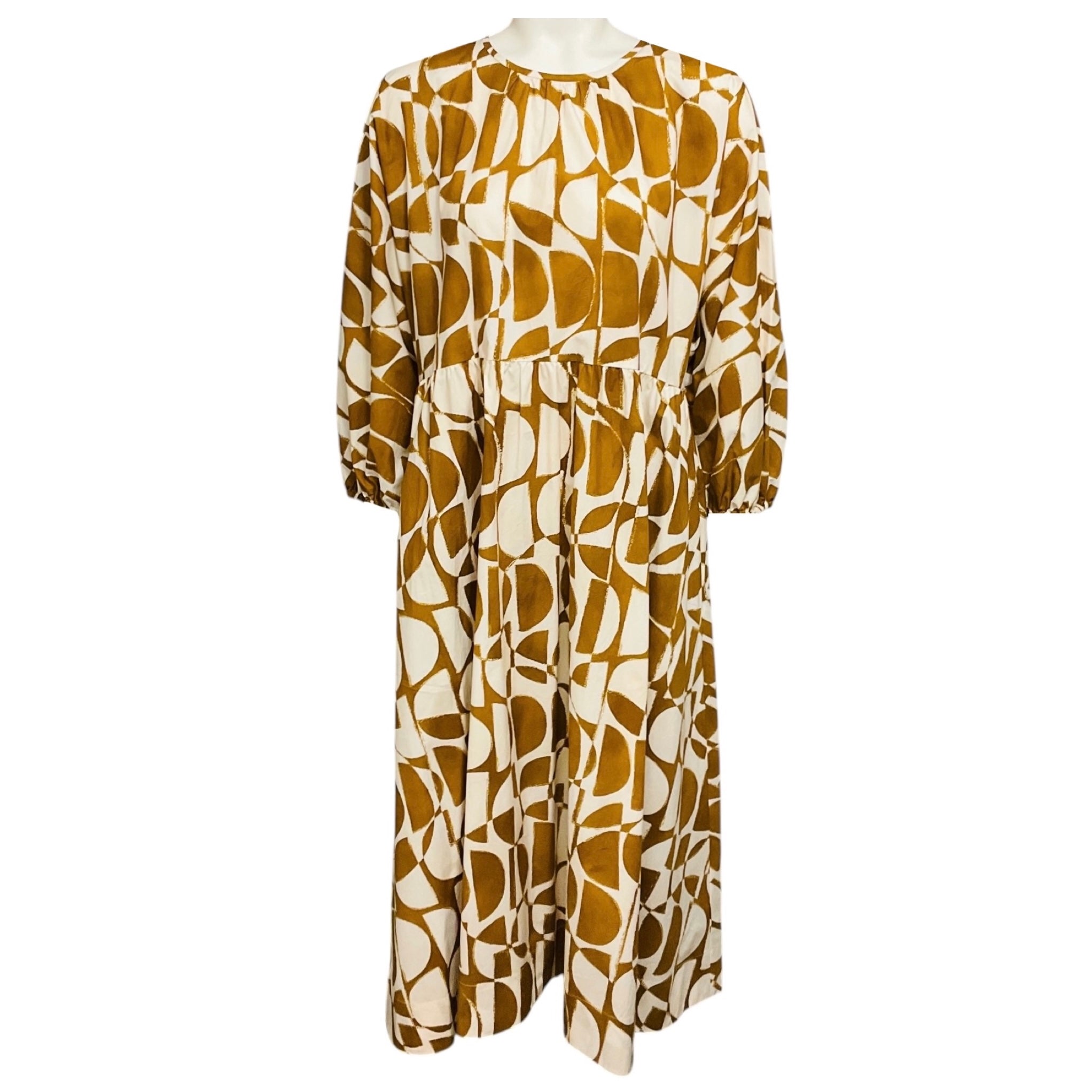 Max Mara S Collection Tan / White Half Moon Abstract Print Adatti Cotton Poplin Midi Dress