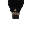 Load image into Gallery viewer, Chanel Black / Gold CC Logo Chain Heel Cap Toe Suede Boots
