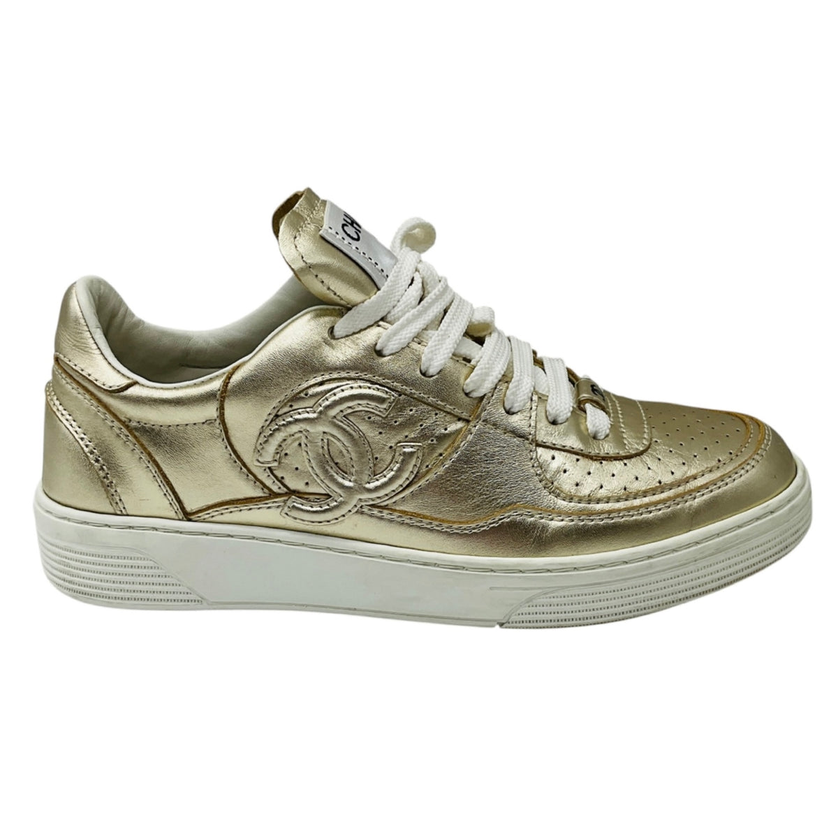 Chanel Gold Metallic 2023 CC Logo Calfskin Leather Low Top Sneakers