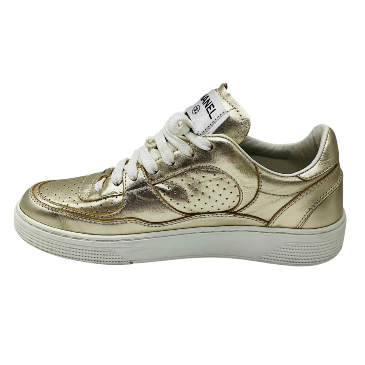 Chanel Gold Metallic 2023 CC Logo Calfskin Leather Low Top Sneakers