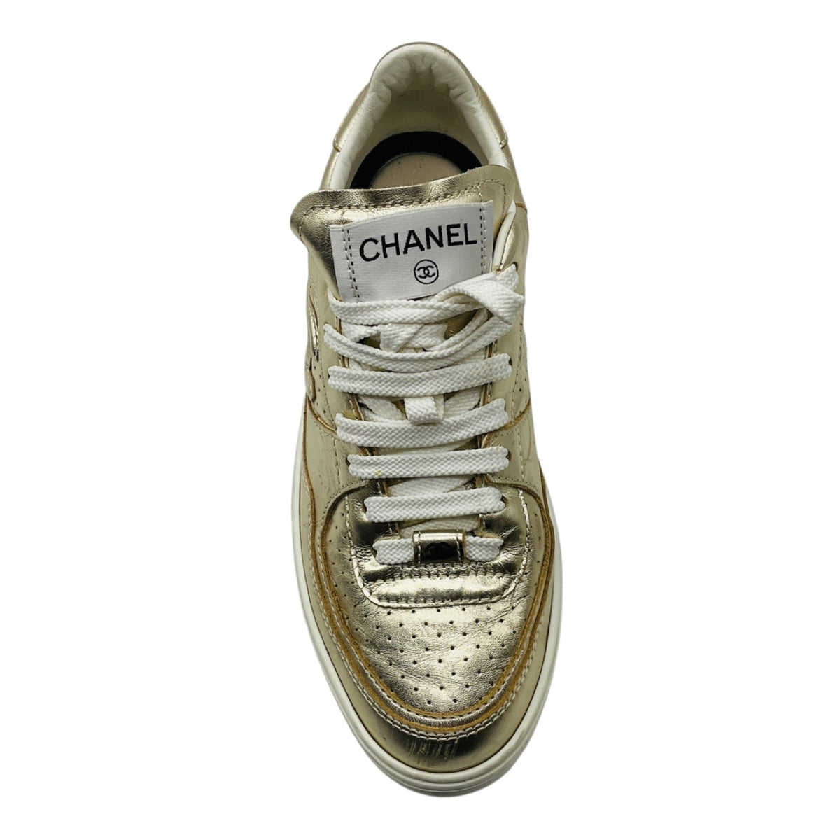 Chanel Gold Metallic 2023 CC Logo Calfskin Leather Low Top Sneakers