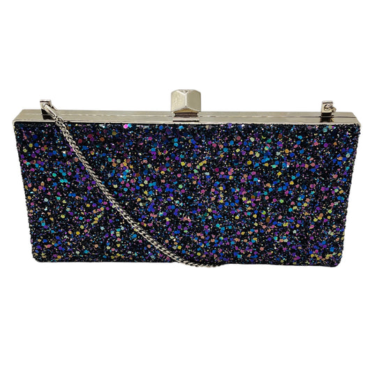 Jimmy Choo Navy Blue Multi Metallic Glitter Clutch with Silver Hardware and Chain Strap