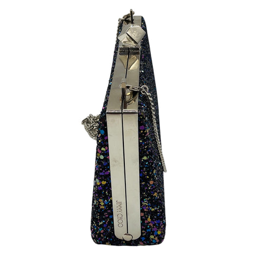 Jimmy Choo Navy Blue Multi Metallic Glitter Clutch with Silver Hardware and Chain Strap