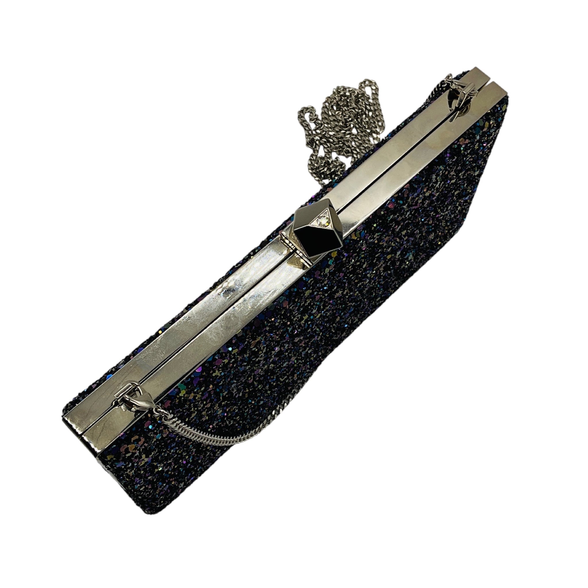 Jimmy Choo Navy Blue Multi Metallic Glitter Clutch with Silver Hardware and Chain Strap
