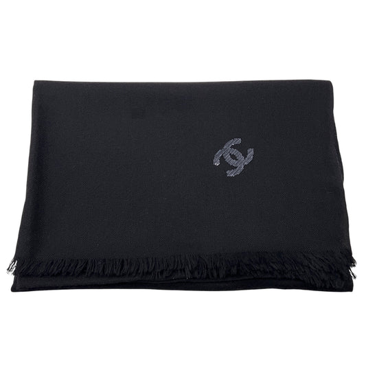 Chanel Black Sequined CC Logo Fringed Cashmere Scarf