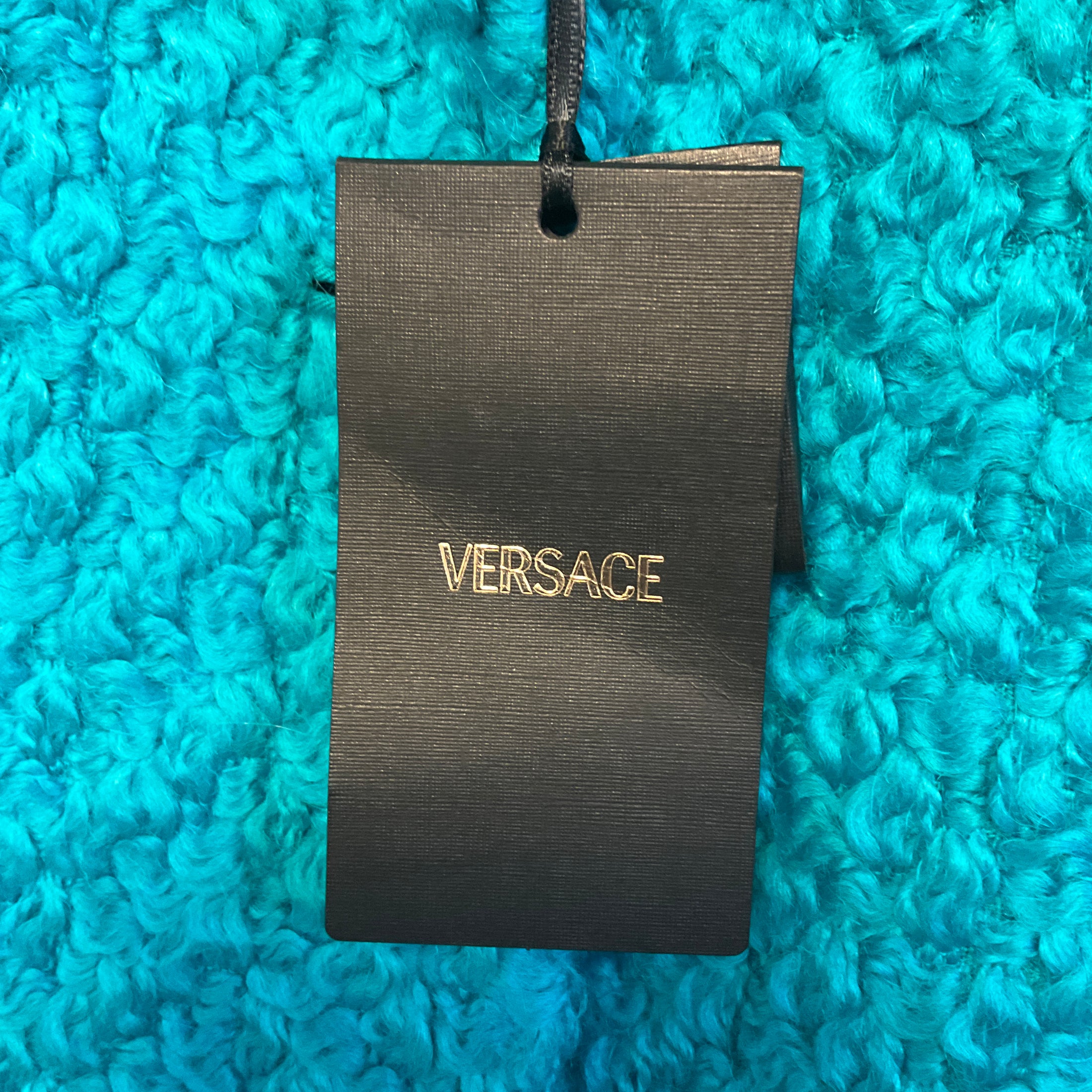 Versace Turquoise Astrakan Boucle Wool Coat with Medusa Buttons