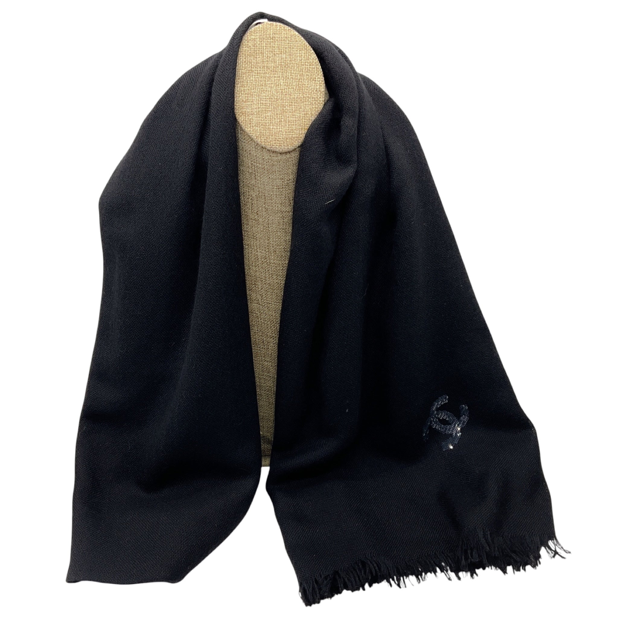 Chanel Black Sequined CC Logo Fringed Cashmere Scarf