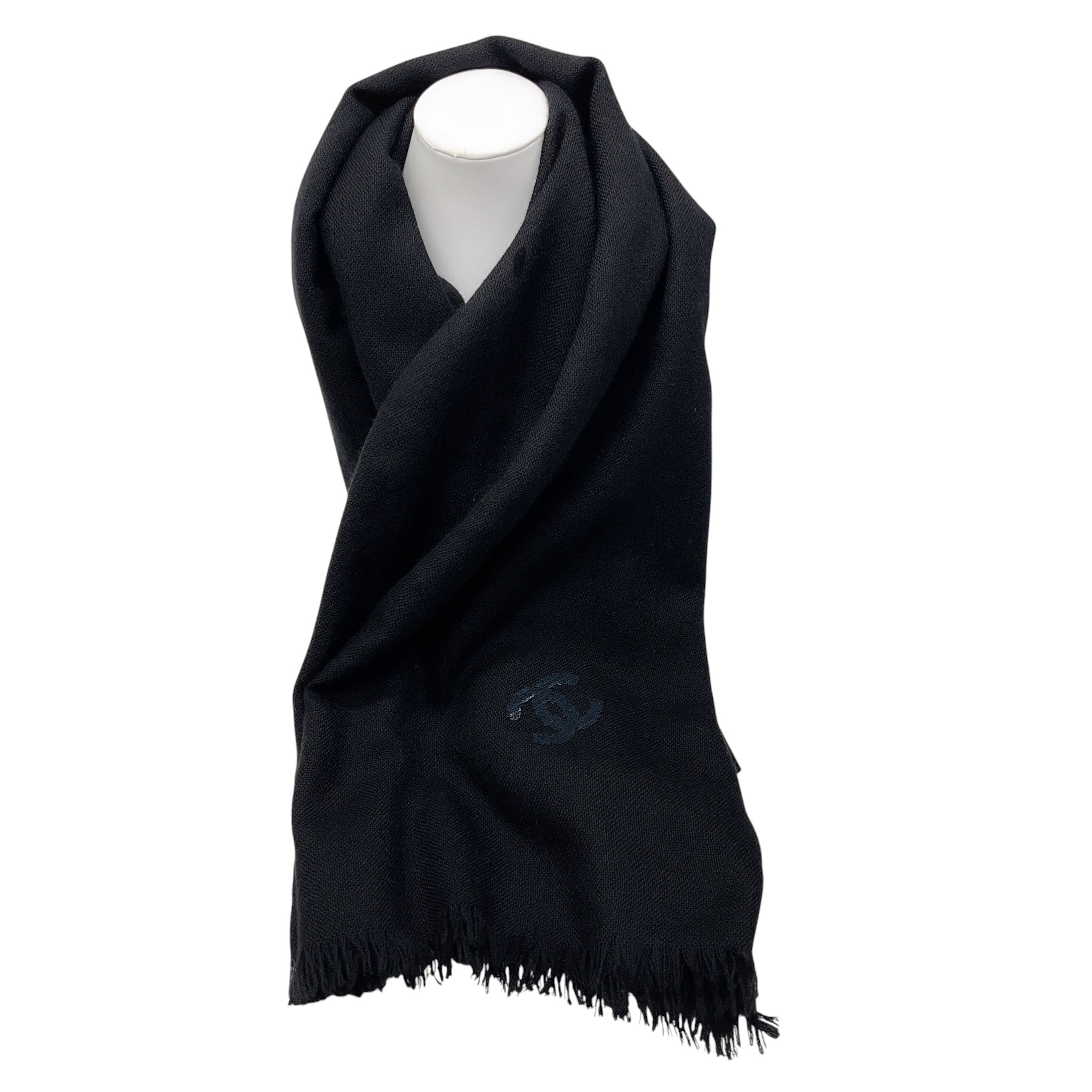 Chanel Black Sequined CC Logo Fringed Cashmere Scarf