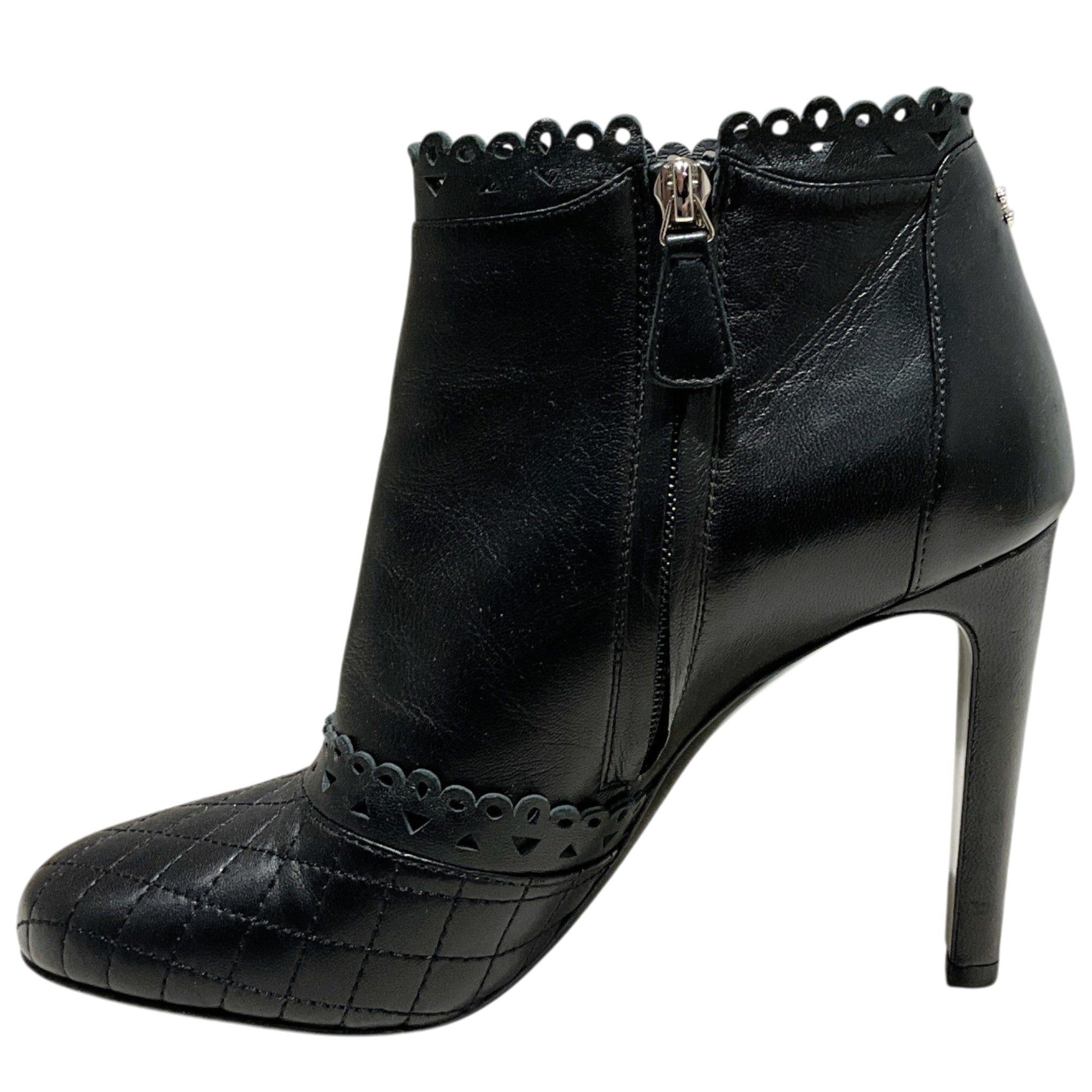 Chanel Black Leather Scallop Trip Ankle Boots with Quilted Toe