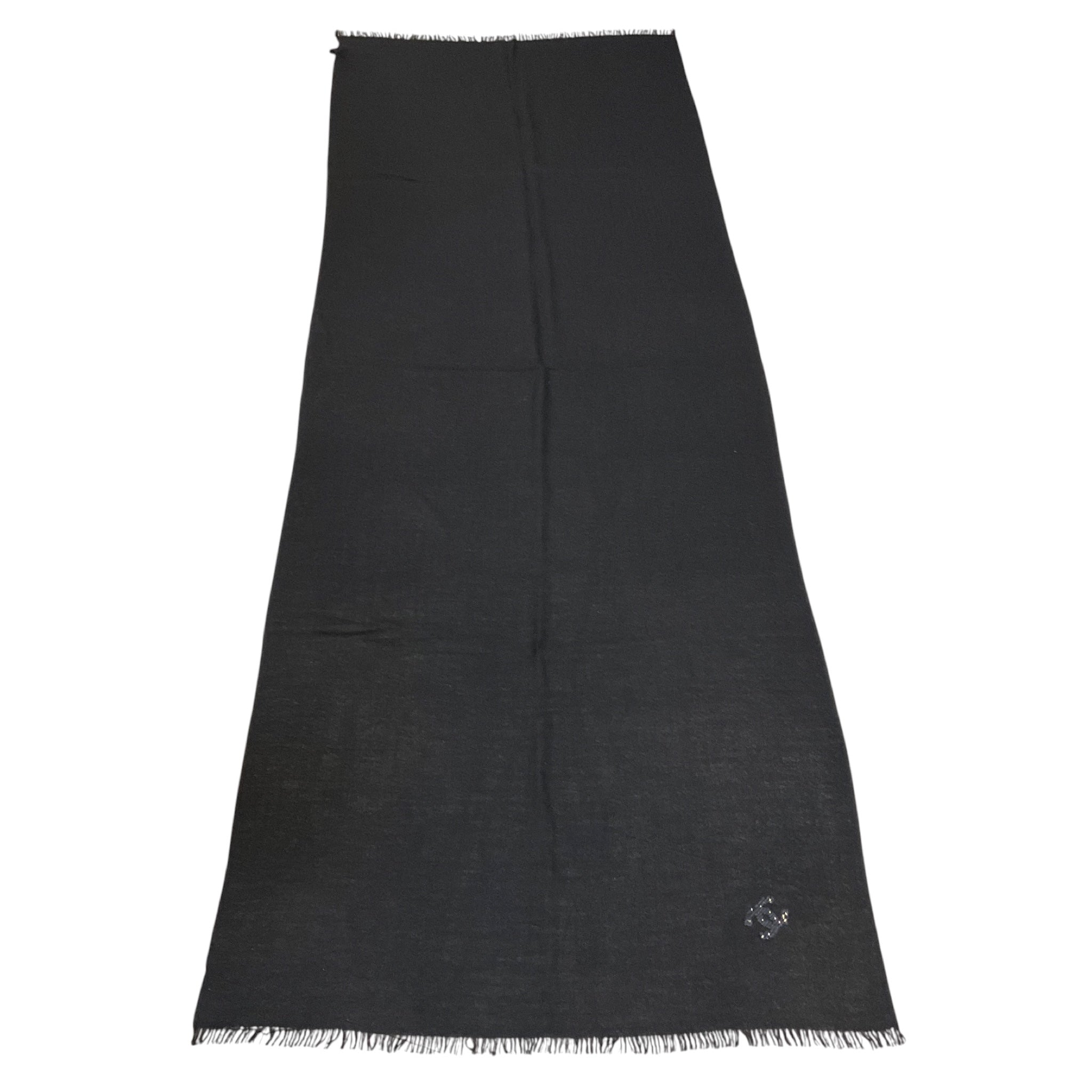 Chanel Black Sequined CC Logo Fringed Cashmere Scarf