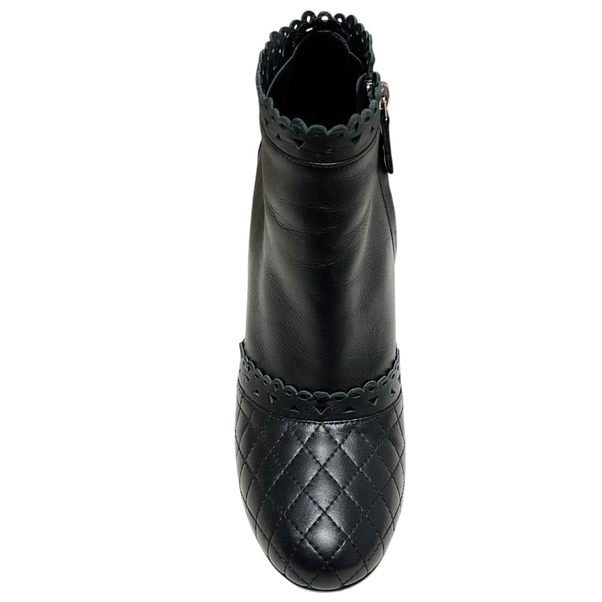 Chanel Black Leather Scallop Trip Ankle Boots with Quilted Toe