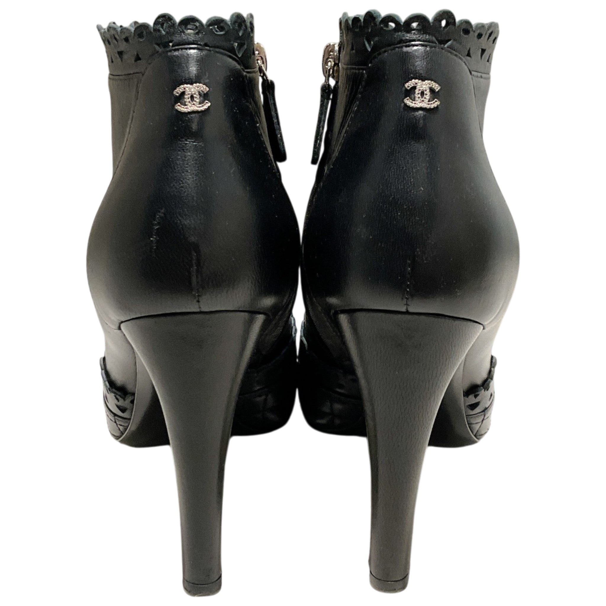 Chanel Black Leather Scallop Trip Ankle Boots with Quilted Toe