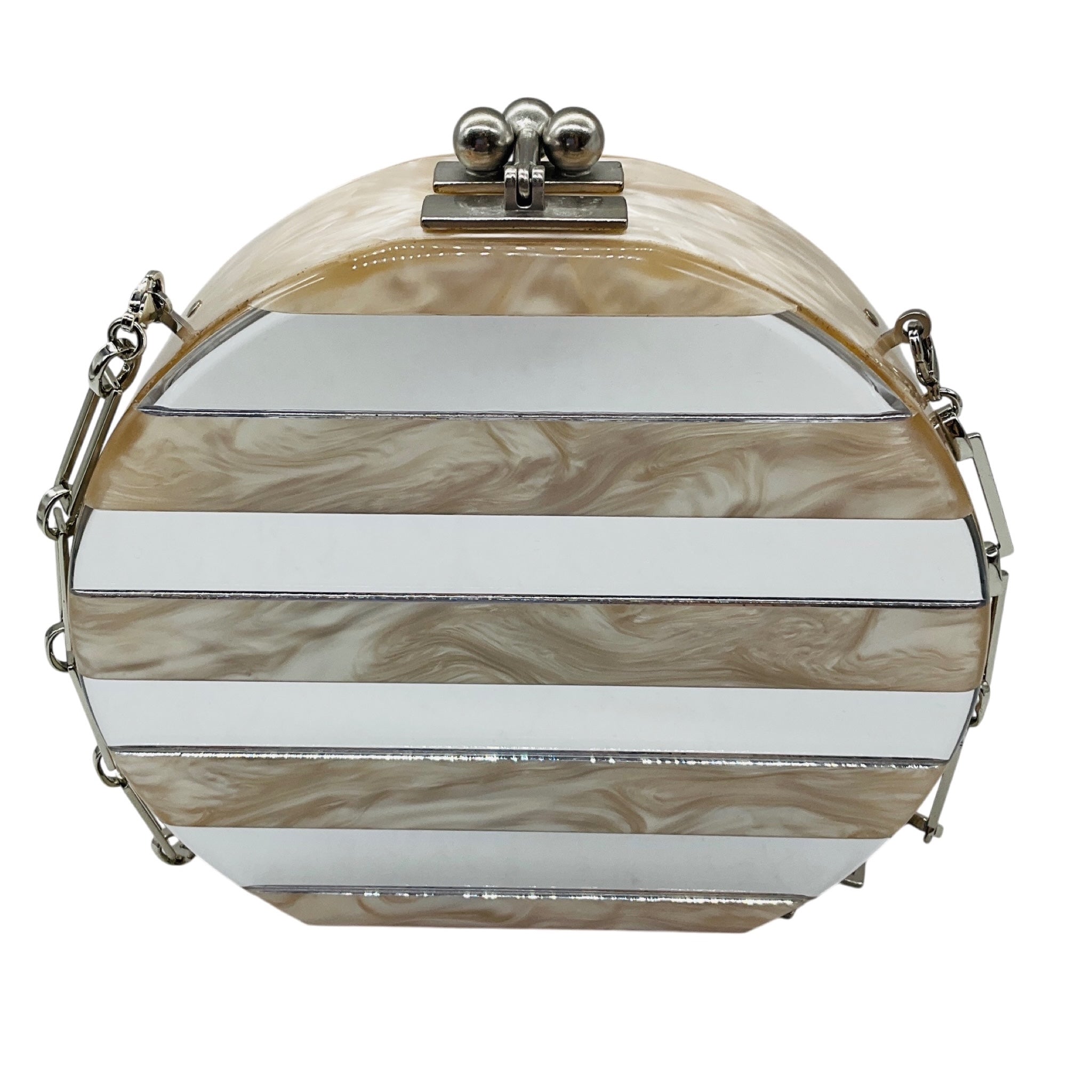 Edie Parker Champagne Metallic Iridescent Mirror Stripe Round Acrylic Clutch with Silver Hardware and Chain Strap