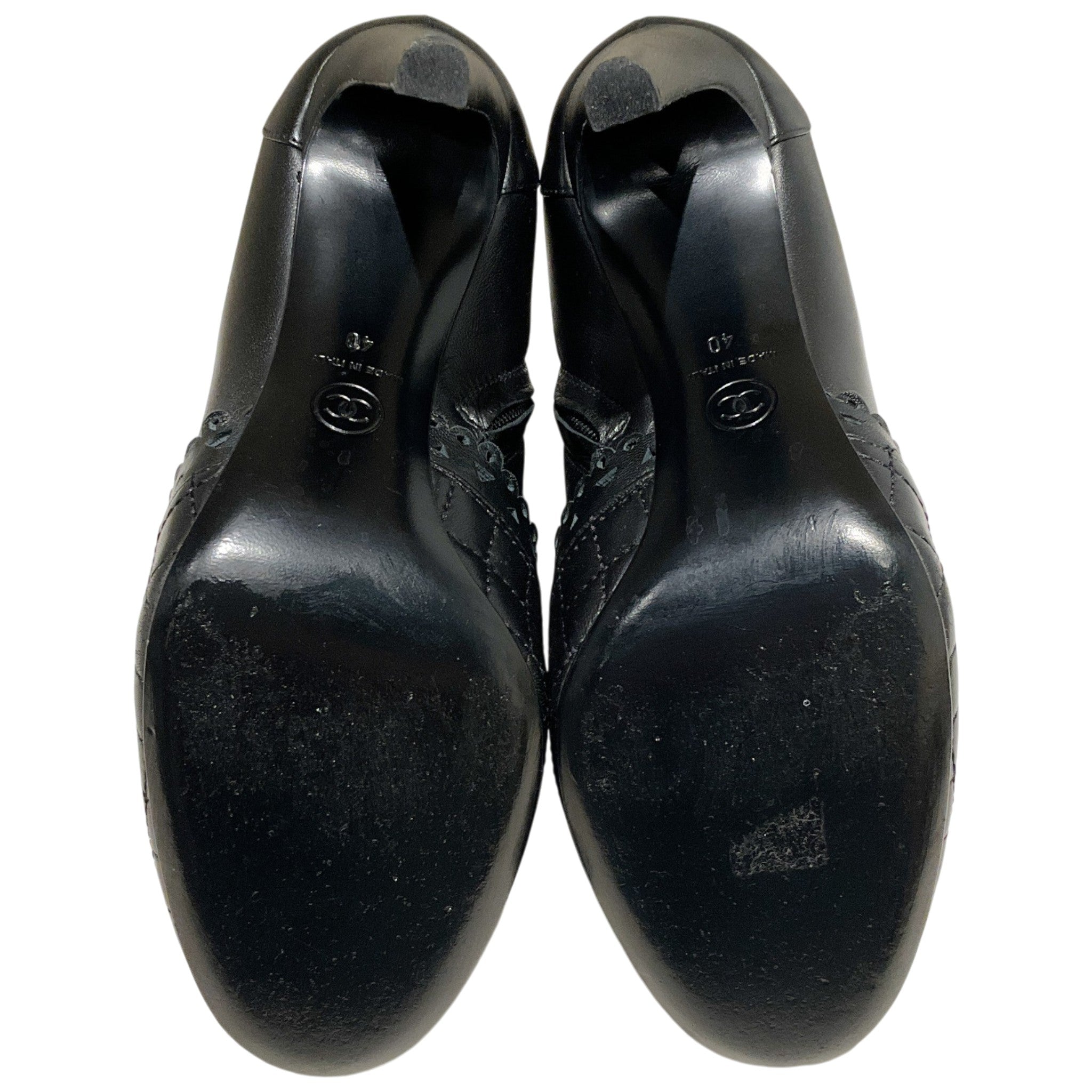 Chanel Black Leather Scallop Trip Ankle Boots with Quilted Toe