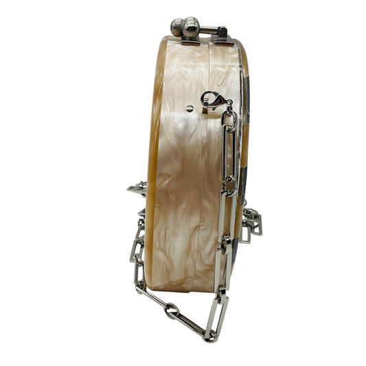 Edie Parker Champagne Metallic Iridescent Mirror Stripe Round Acrylic Clutch with Silver Hardware and Chain Strap