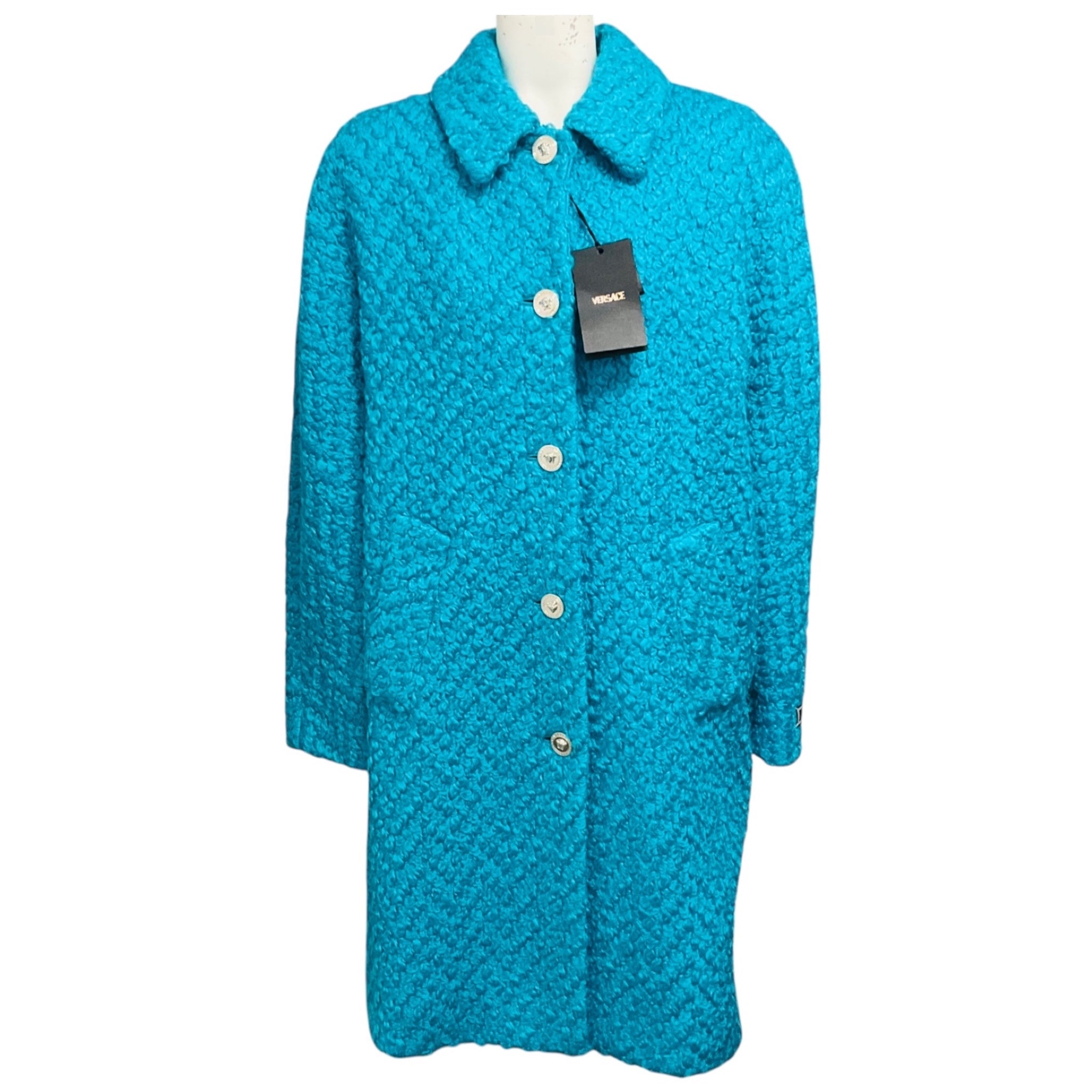 Versace Turquoise Astrakan Boucle Wool Coat with Medusa Buttons