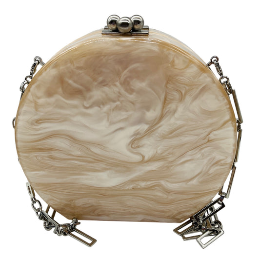 Edie Parker Champagne Metallic Iridescent Mirror Stripe Round Acrylic Clutch with Silver Hardware and Chain Strap