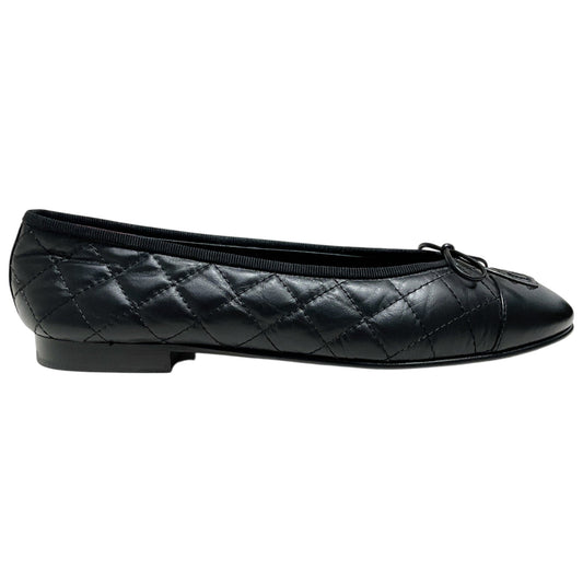 Chanel Black Aged Calfskin Ballet Flats