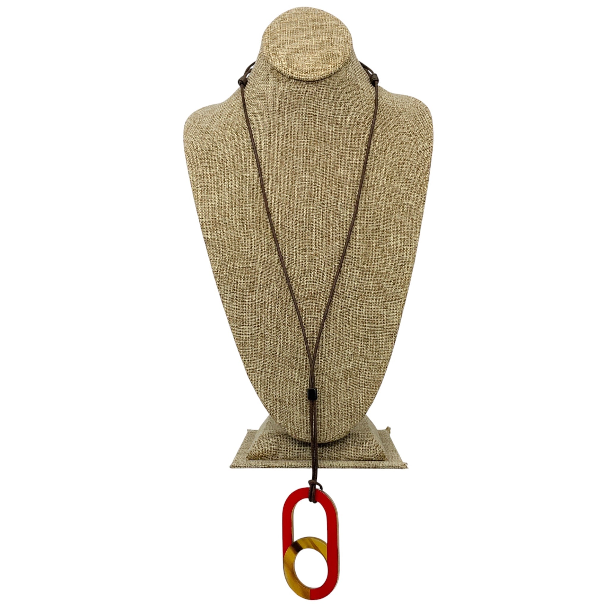 Hermes Red / Buffalo Horn Large Meyance Pendant Necklace on Adjustable Brown Cord