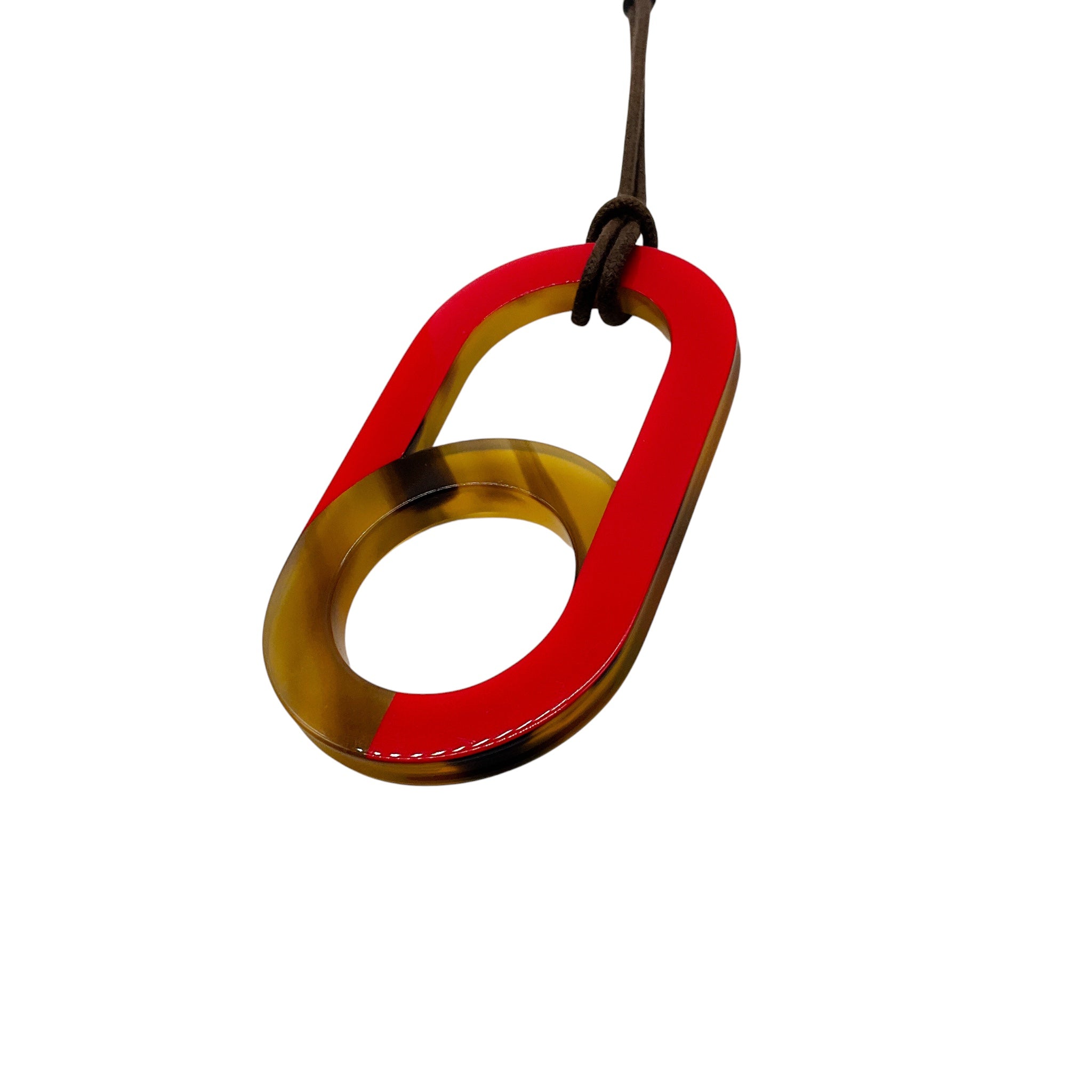 Hermes Red / Buffalo Horn Large Meyance Pendant Necklace on Adjustable Brown Cord