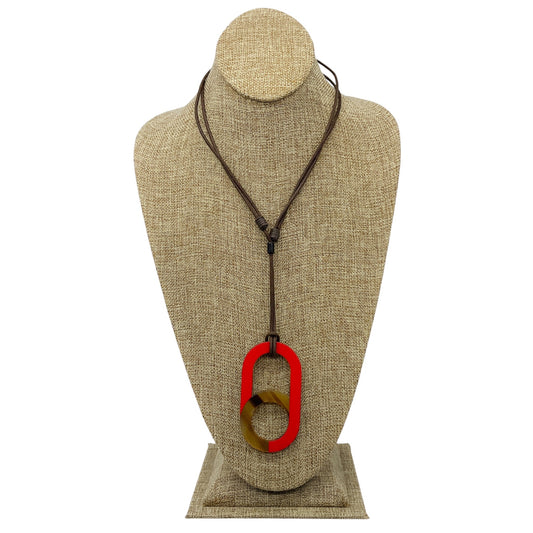 Hermes Red / Buffalo Horn Large Meyance Pendant Necklace on Adjustable Brown Cord