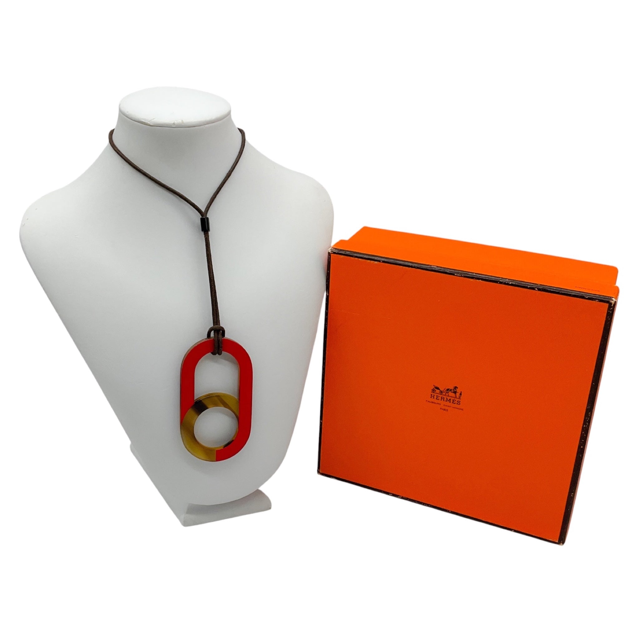 Hermes Red / Buffalo Horn Large Meyance Pendant Necklace on Adjustable Brown Cord