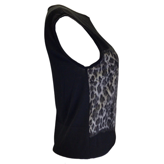 Giambattista Valli Black / Grey Leopard Printed Silk and Wool Knit Top