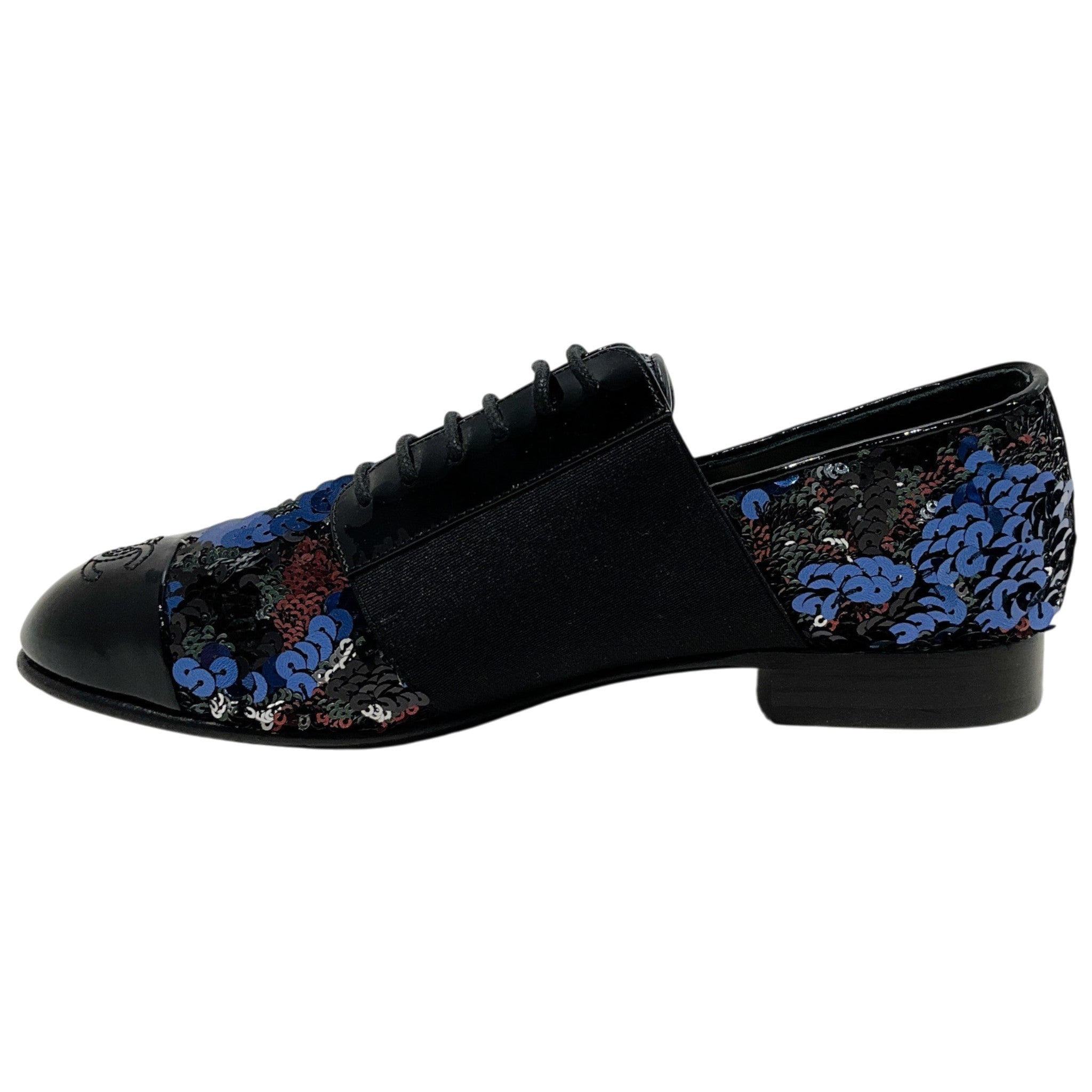 Chanel Black Multi Sequined Stretch Lace Up Oxfords