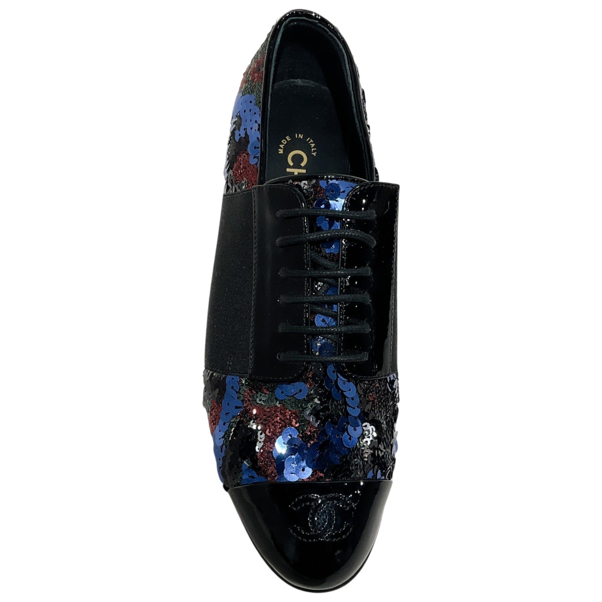 Chanel Black Multi Sequined Stretch Lace Up Oxfords