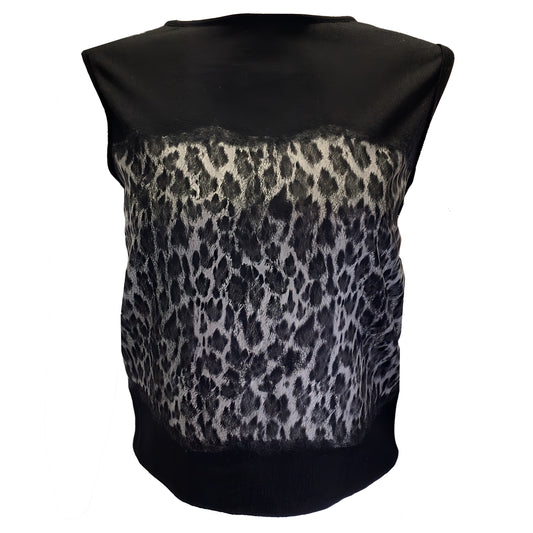 Giambattista Valli Black / Grey Leopard Printed Silk and Wool Knit Top