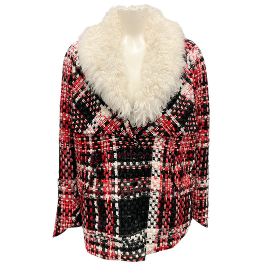 Rag & Bone Red / Black / Ivory Shearling Collar Plaid Coat