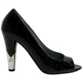 Load image into Gallery viewer, Chanel Black Patent Leather Peep Toe Pumps with Silver Heel

