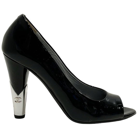 Chanel Black Patent Leather Peep Toe Pumps with Silver Heel