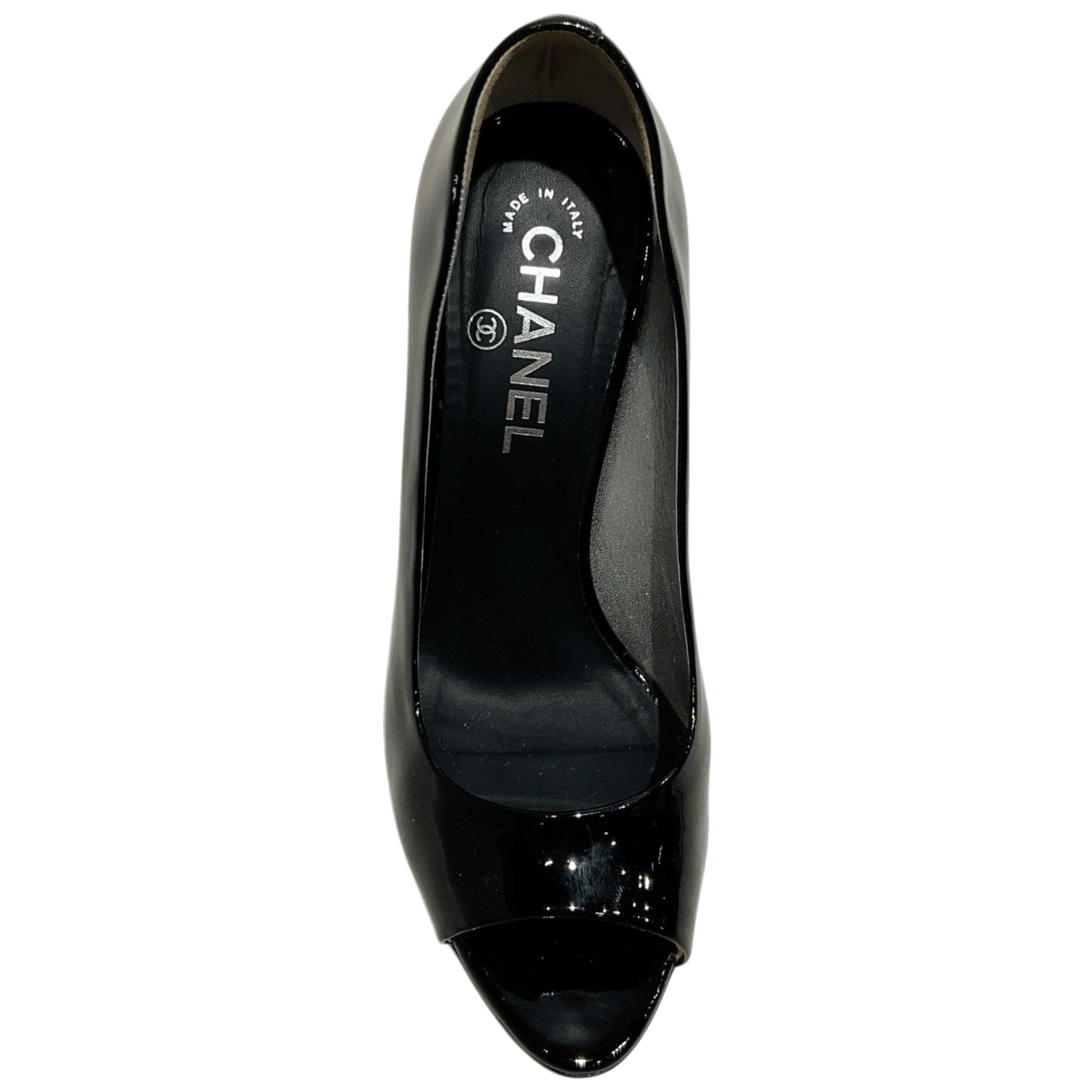 Chanel Black Patent Leather Peep Toe Pumps with Silver Heel