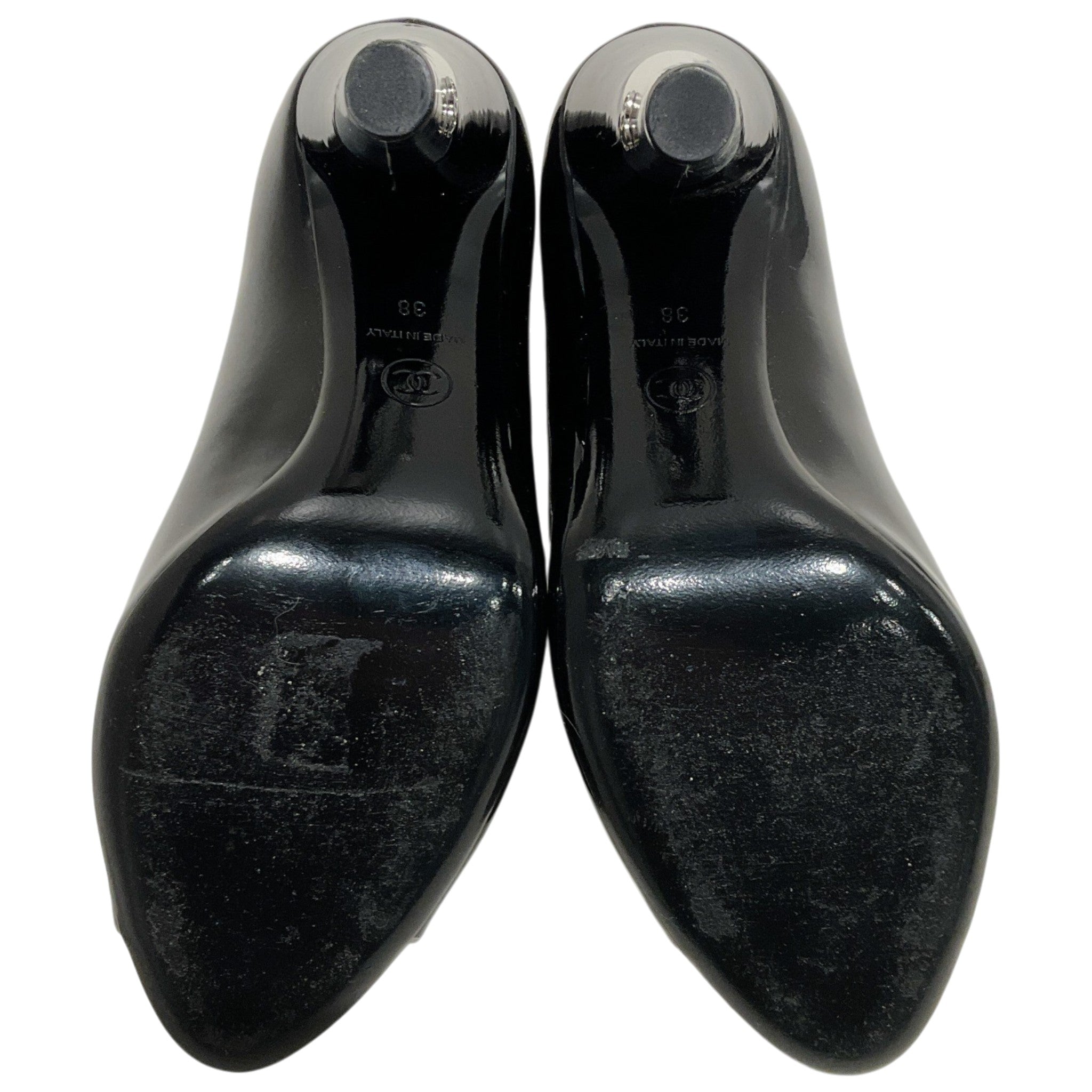 Chanel Black Patent Leather Peep Toe Pumps with Silver Heel