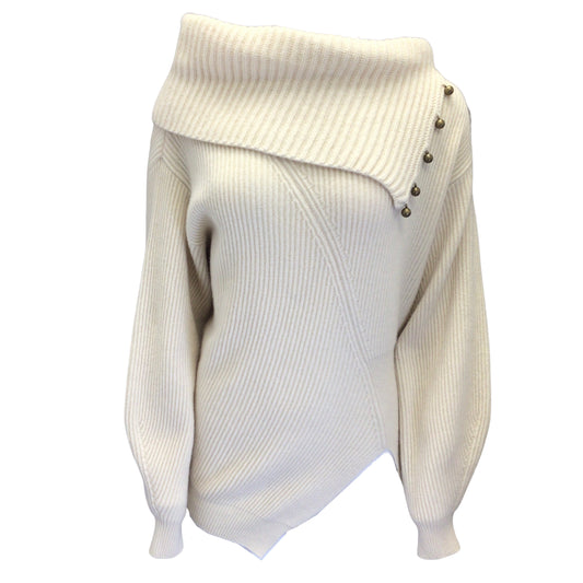 Stella McCartney Cream Button Detail Long Sleeved Cashmere and Wool Knit Sweater