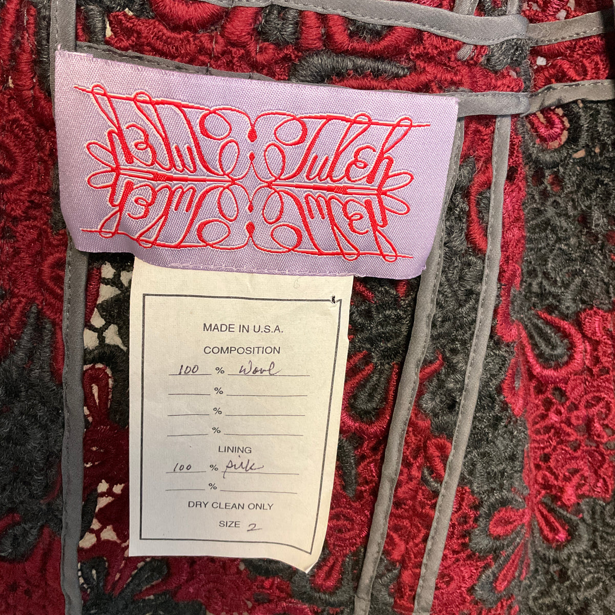 Tuleh Red / Charcoal Grey Floral Embroidered Wool Coat with Silk Lining
