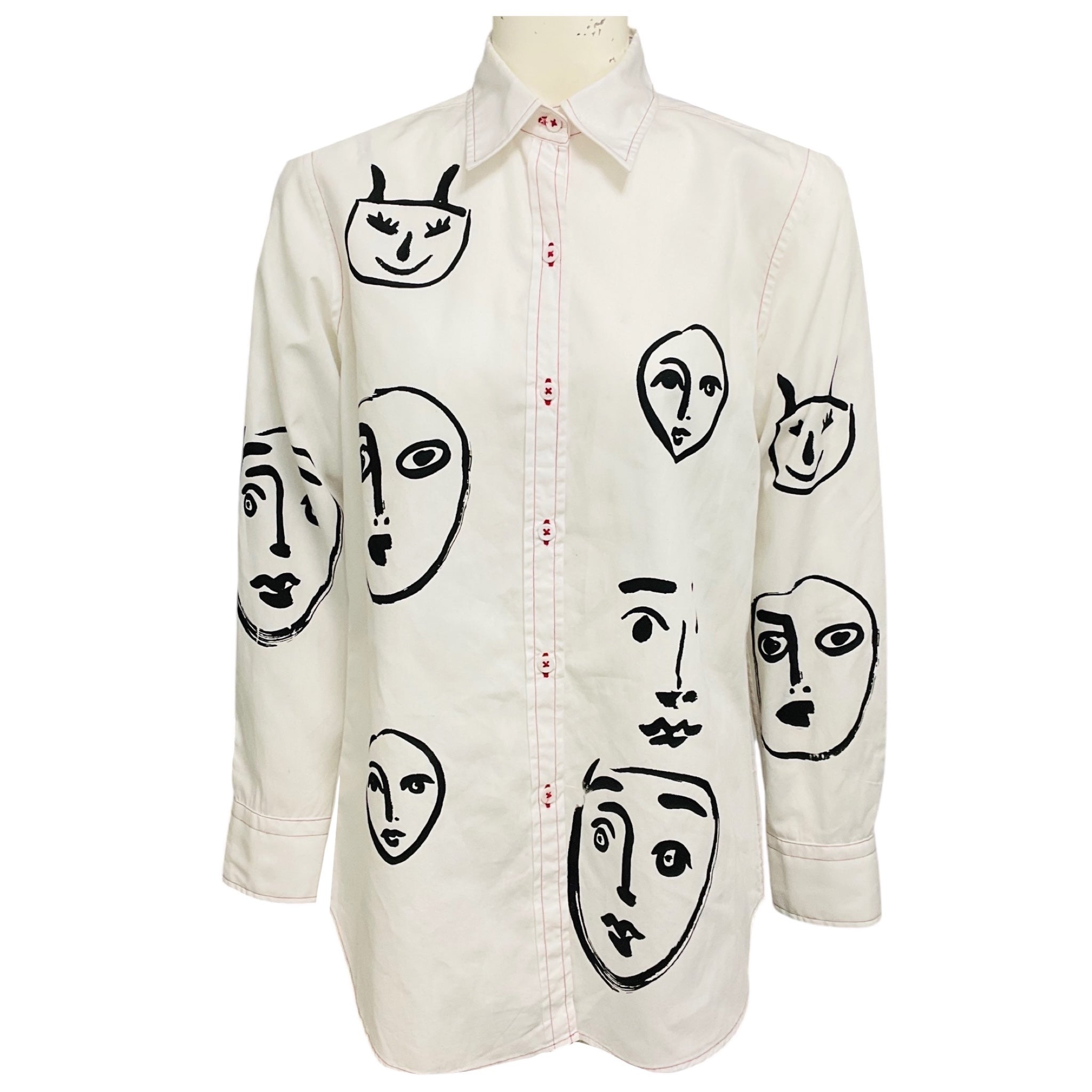 Libertine White / Black Face Print Button Down Cotton Shirt